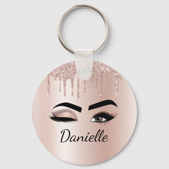 Blush Pink Glitter Sparkle Eyelashes Monogram Name Keychain (Front)
