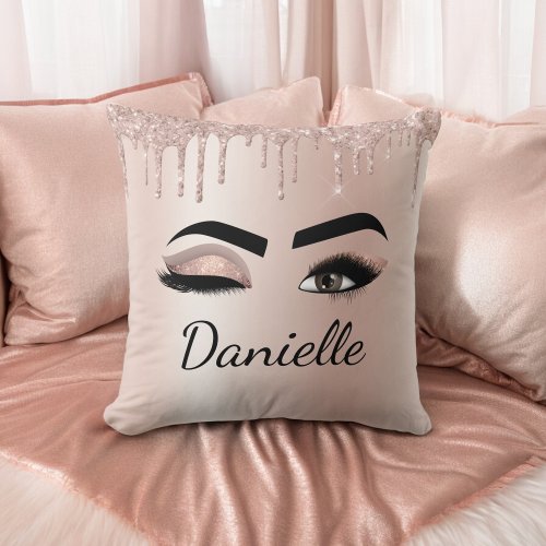 Blush Pink Glitter Sparkle Eyelashes Monogram Name Throw Pillow