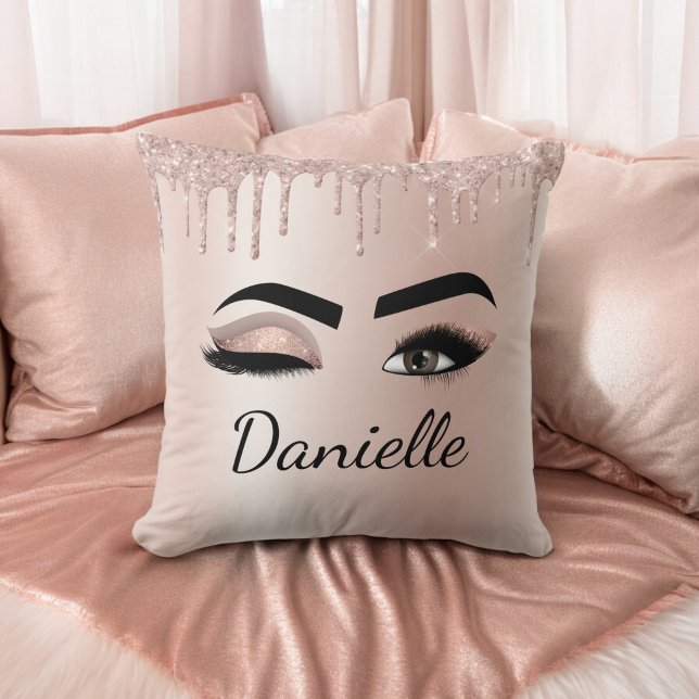 Blush Pink Glitter Sparkle Eyelashes Monogram Name Throw Pillow (Creator Uploaded)