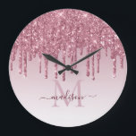 Blush Pink Glitter Sparkle Glam Dripping Monogram Large Clock<br><div class="desc">Glam Blush Hot Pink Glitter Sparkle Dripping Monogram Large Clock</div>