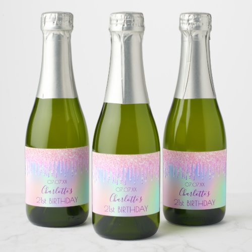 Blush pink glitter sparkle holographic birthday  sparkling wine label