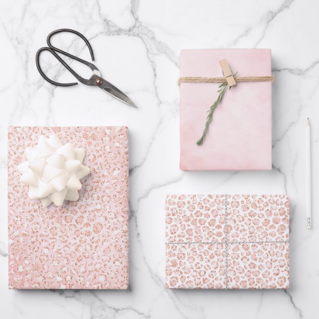Blush Pink Glitter White Leopard Print      Wrapping Paper Sheets (Front)