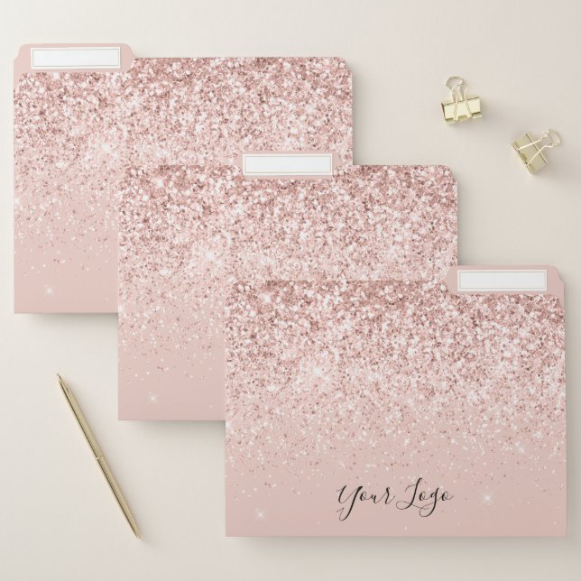 Blush Pink Glitter Your Logo Office File Folders (Set)