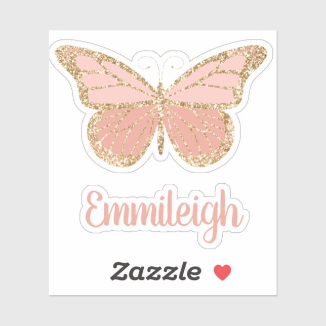 Blush Pink Glittery Gold Butterfly Name  Sticker (Sheet)