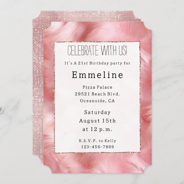 Blush Pink Glitzy Sparkle Pink Fur Invitation (Front/Back)