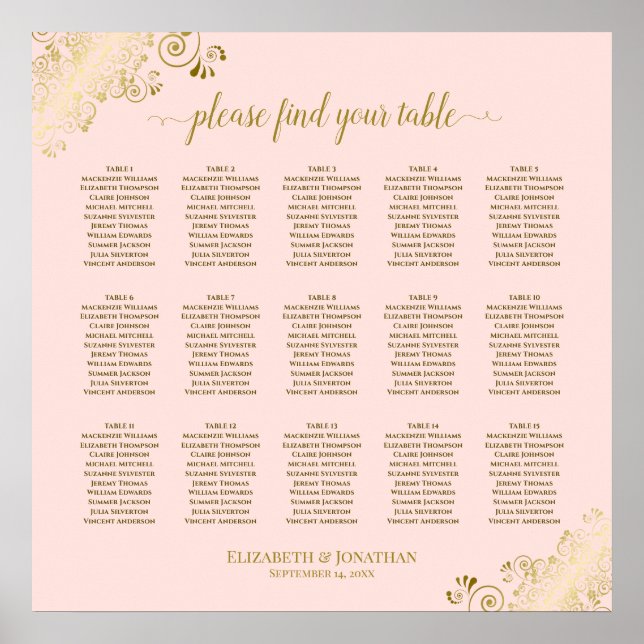 Blush Pink & Gold 15 Table Wedding Seating Chart (Front)