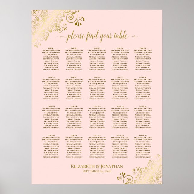 Blush Pink & Gold 20 Table Wedding Seating Chart (Front)