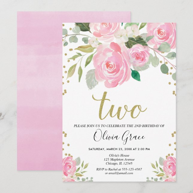 Blush pink gold 2nd birthday floral girl birthday invitation (Front/Back)