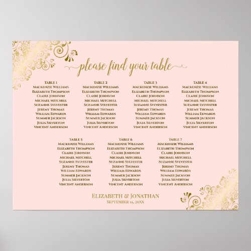 Blush Pink  Gold 7 Table Wedding Seating Chart