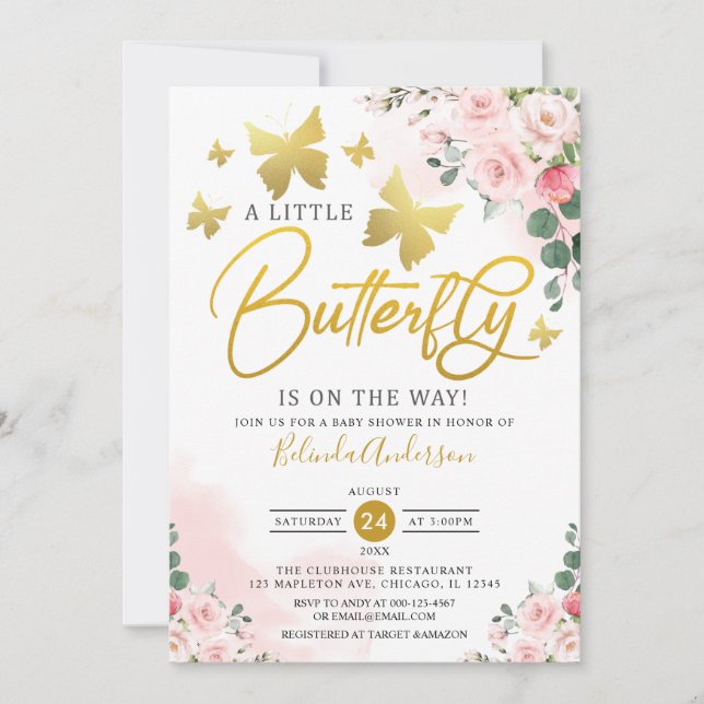 Blush Pink Gold A Little Butterfly Baby Shower Invitation (Front)