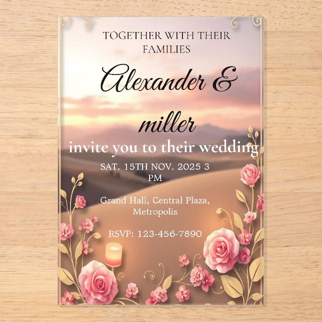 Blush Pink Gold Acrylic Wedding Invitation | Roman (Front)