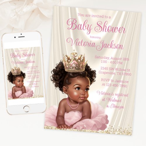 Blush Pink Gold African Princess Baby Shower Invitation