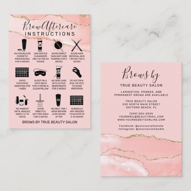 Blush Pink Gold Agate Brows Aftercare Icon Business Card (Front/Back)