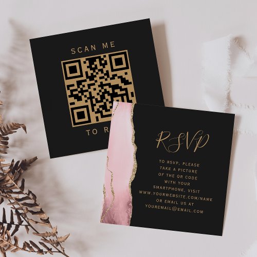 Blush Pink Gold Agate Dark Wedding QR Code RSVP Enclosure Card