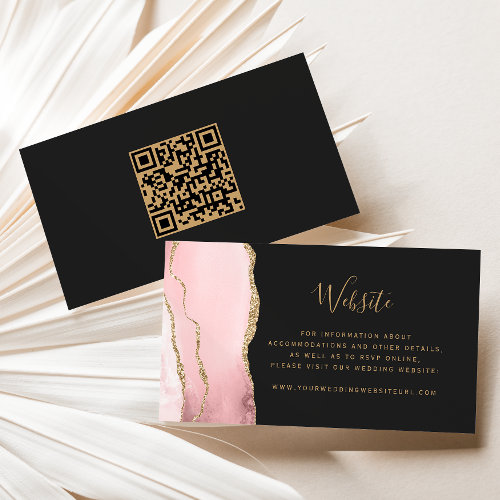 Blush Pink Gold Agate Dark Wedding Website QR Code Enclosure Card