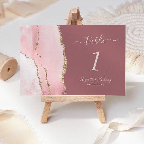 Blush Pink Gold Agate Deep Dusty Rose Wedding Table Number