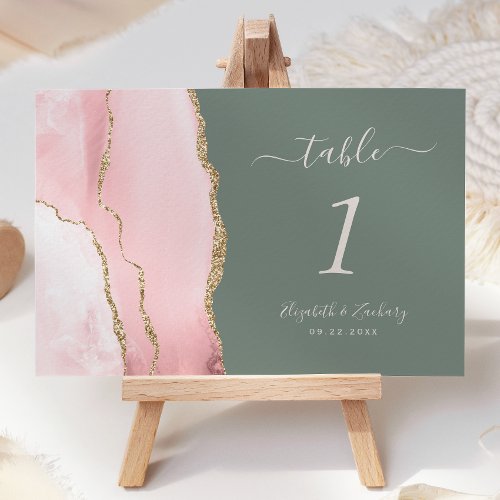Blush Pink Gold Agate Deep Sage Green Wedding Table Number