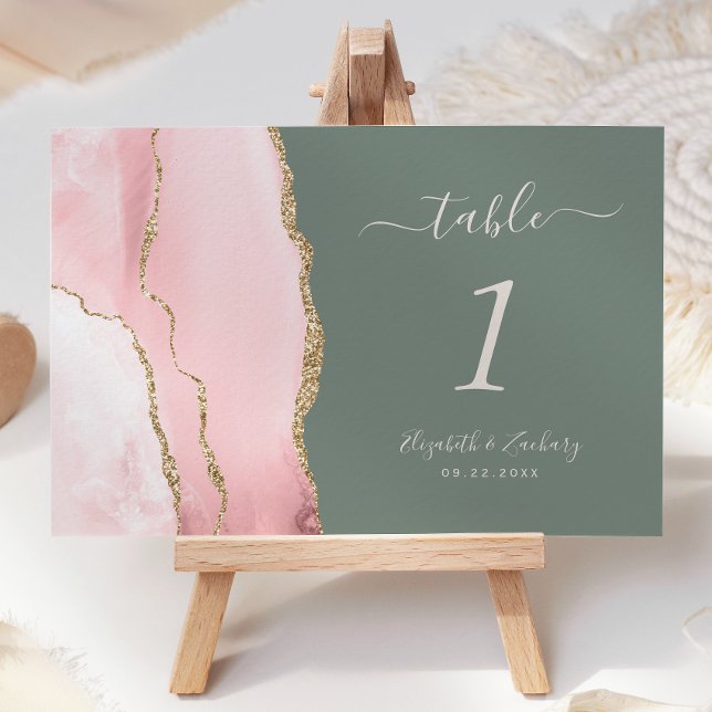 Blush Pink Gold Agate Deep Sage Green Wedding Table Number (Creator Uploaded)