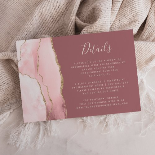 Blush Pink Gold Agate Dusty Rose Wedding Details Enclosure Card
