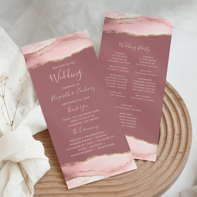 Blush Pink Gold Agate Dusty Rose Wedding Program (Creator Uploaded)