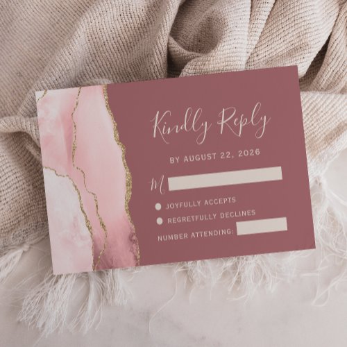 Blush Pink Gold Agate Dusty Rose Wedding RSVP Card