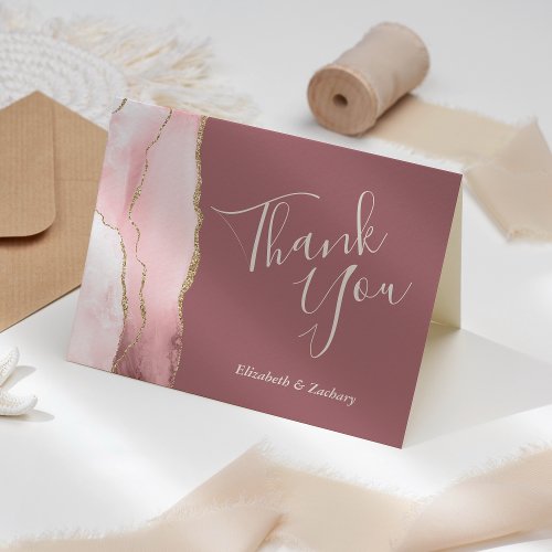 Blush Pink Gold Agate Dusty Rose Wedding Thank You Card