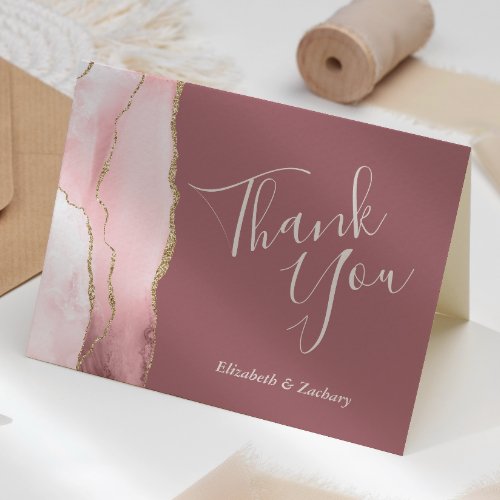 Blush Pink Gold Agate Dusty Rose Wedding Thank You Card