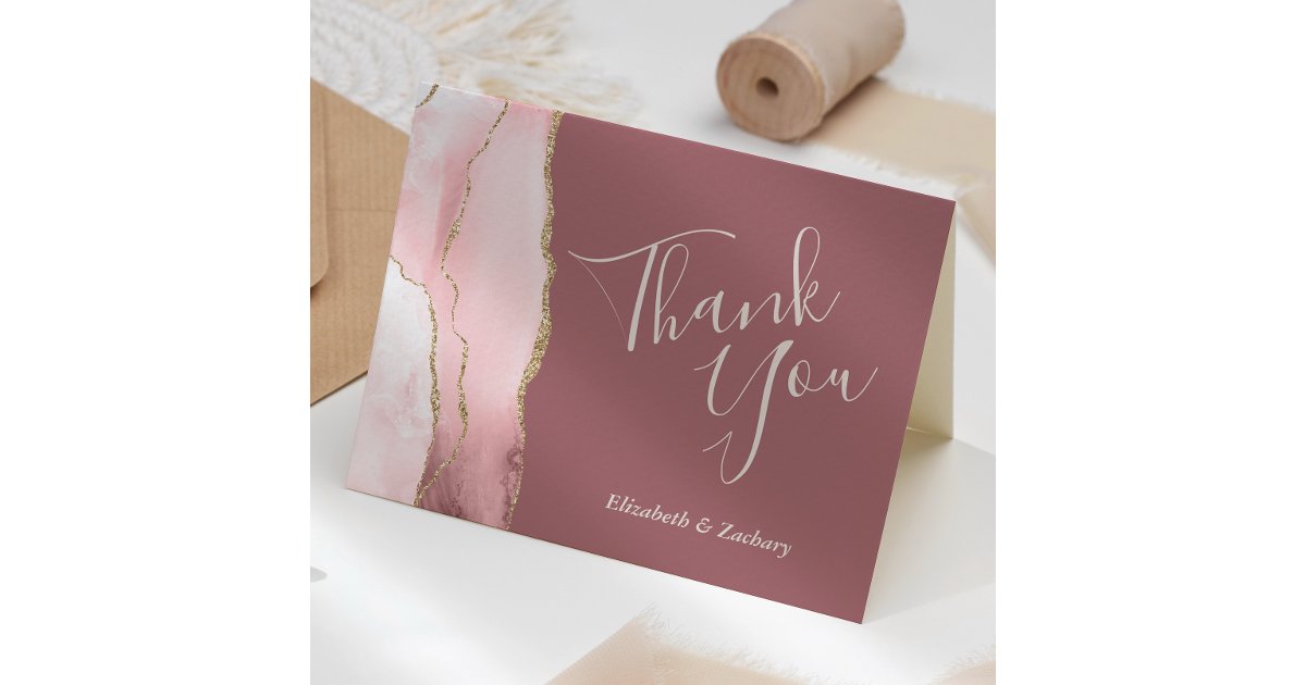 Blush Pink Gold Agate Dusty Rose Wedding Thank You Card | Zazzle