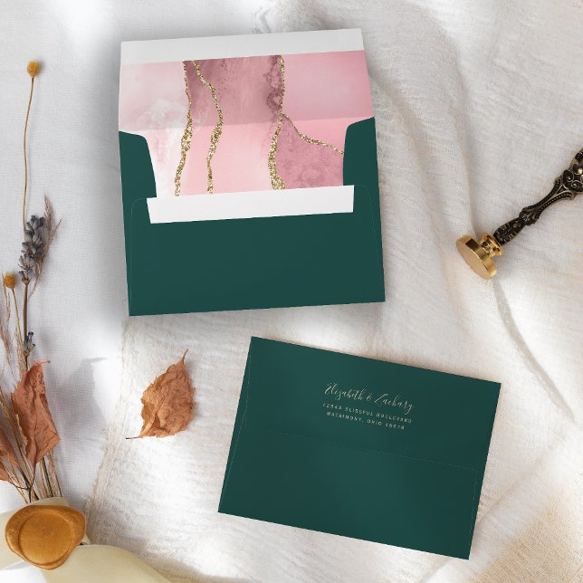 Blush Pink Gold Agate Emerald Green Wedding Envelope (Creator Uploaded)