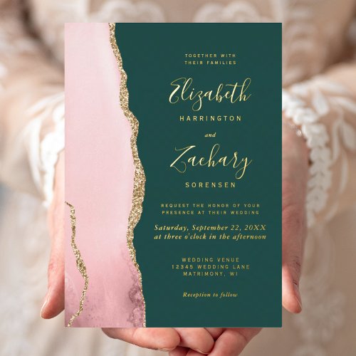 Blush Pink Gold Agate Emerald Green Wedding Foil Invitation