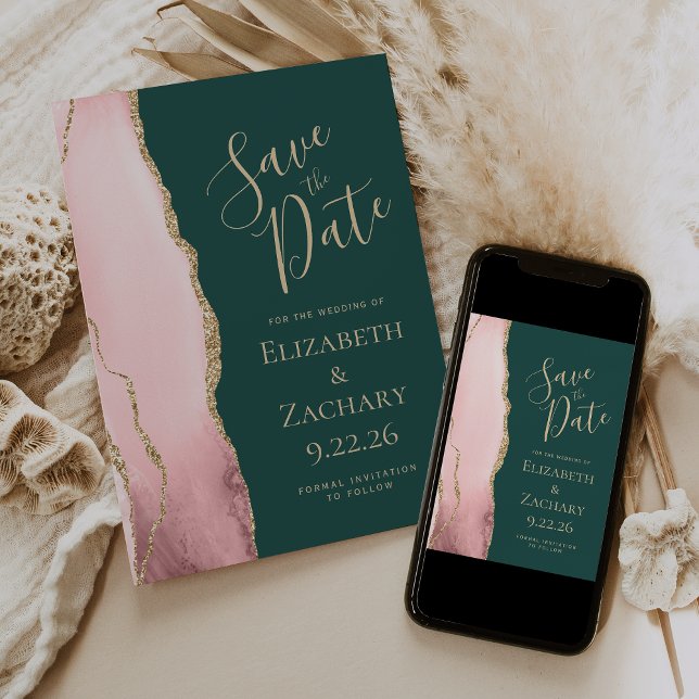 Blush Pink Gold Agate Emerald Green Wedding Save The Date (Creator Uploaded)