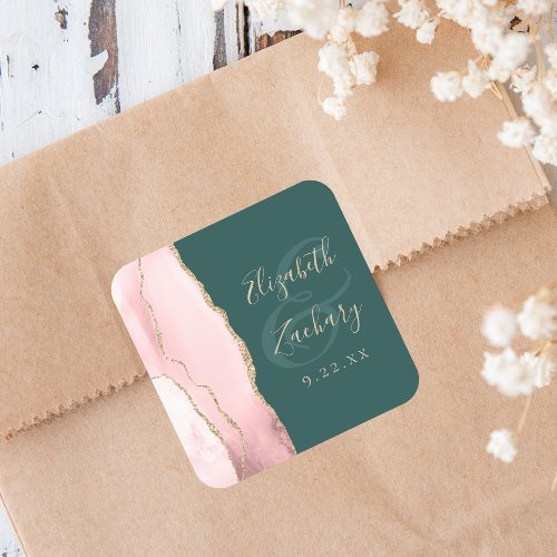 Blush Pink Gold Agate Emerald Green Wedding Square Sticker