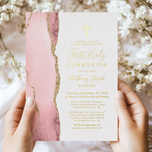 Blush Pink Gold Agate First Holy Communion Foil Invitation