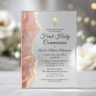 Blush Pink Gold Agate First Holy Communion Girl Acrylic Invitations