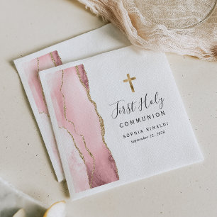 Blush Pink Gold Agate First Holy Communion Napkins