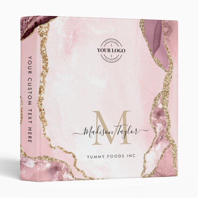 Blush Pink Gold Agate Geode Monogram Business Logo 3 Ring Binder (Front/Spine)