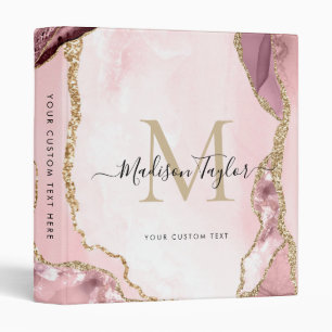 Blush Pink Gold Agate Geode Monogram Script Name 3 Ring Binder