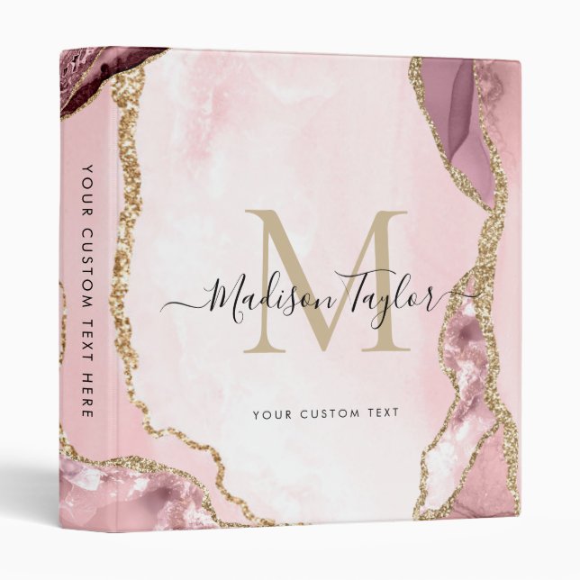 Blush Pink Gold Agate Geode Monogram Script Name 3 Ring Binder (Front/Spine)