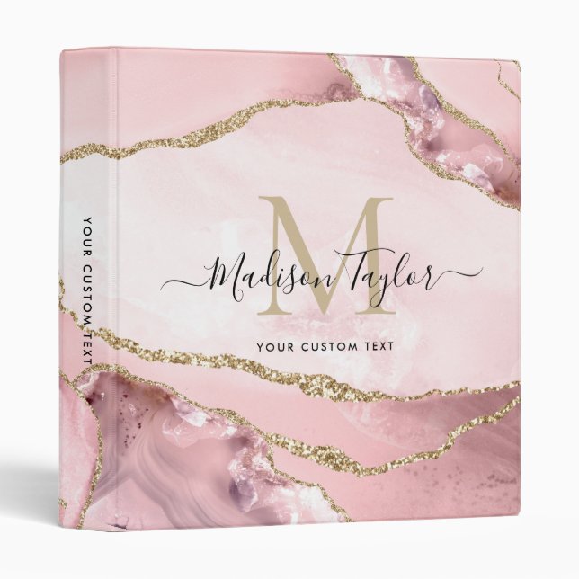 Blush Pink Gold Agate Geode Monogram Script Name 3 Ring Binder (Front/Spine)
