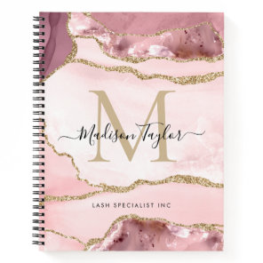 Blush Pink Gold Agate Geode Monogram Script Name Notebook