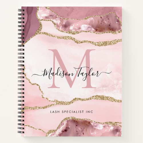 Blush Pink Gold Agate Geode Monogram Script Name Notebook