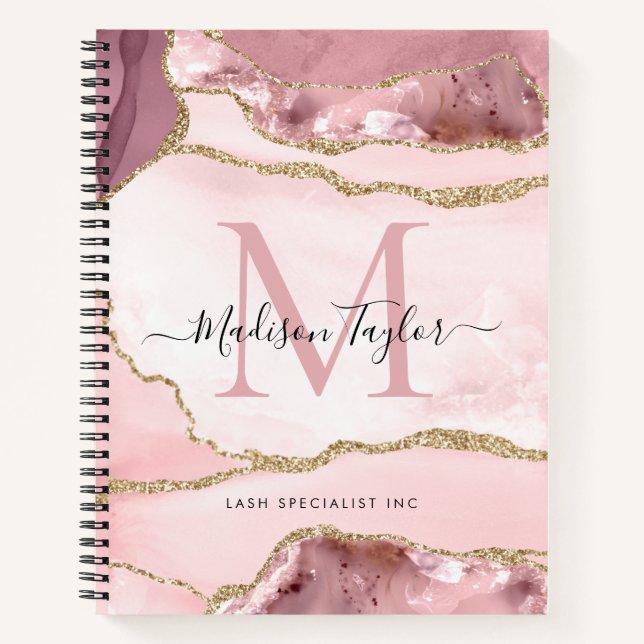 Blush Pink Gold Agate Geode Monogram Script Name Notebook (Front)