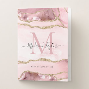 Blush Pink Gold Agate Geode Monogram Script Name Pocket Folder