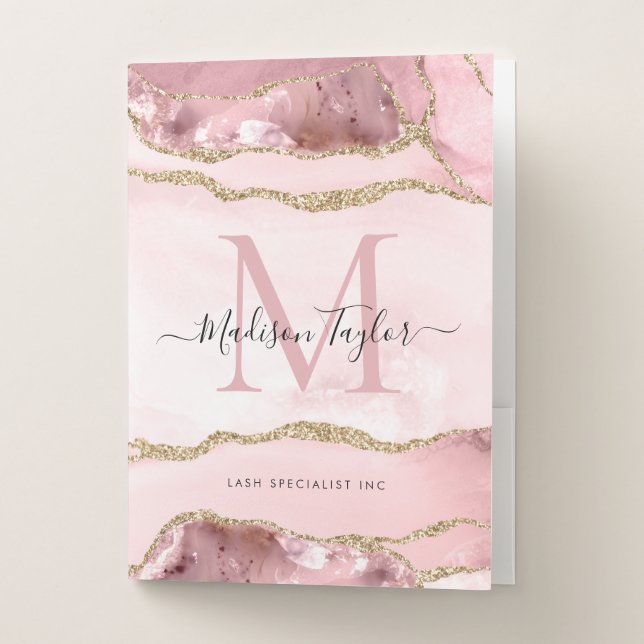 Blush Pink Gold Agate Geode Monogram Script Name Pocket Folder (Front)