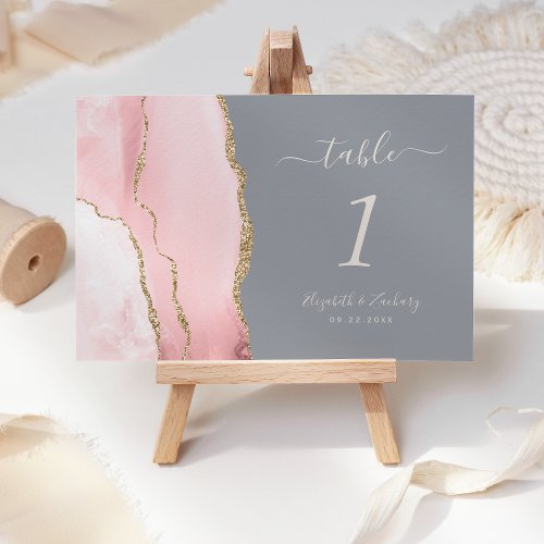 Blush Pink Gold Agate Gray Wedding Table Number