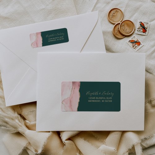 Blush Pink Gold Agate Green Wedding Return Address Label