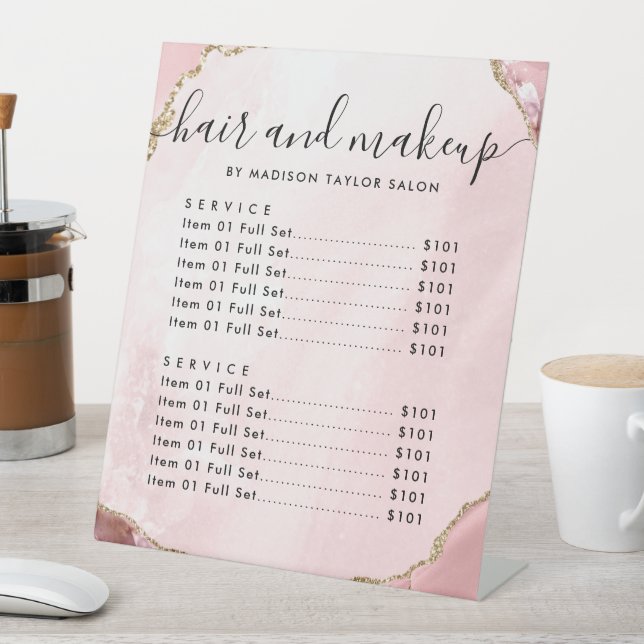 Blush Pink Gold Agate Hair Makeup Salon Price Pedestal Sign (In SItu)
