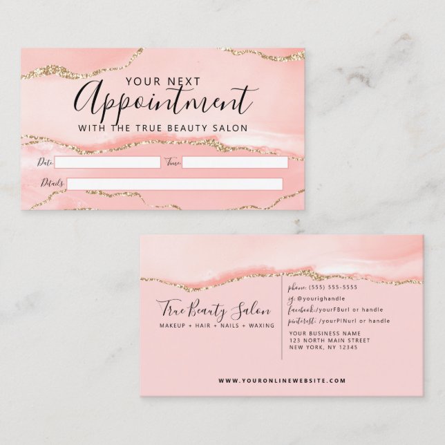 Blush Pink Gold Agate Marble Appointment Card (Front/Back)