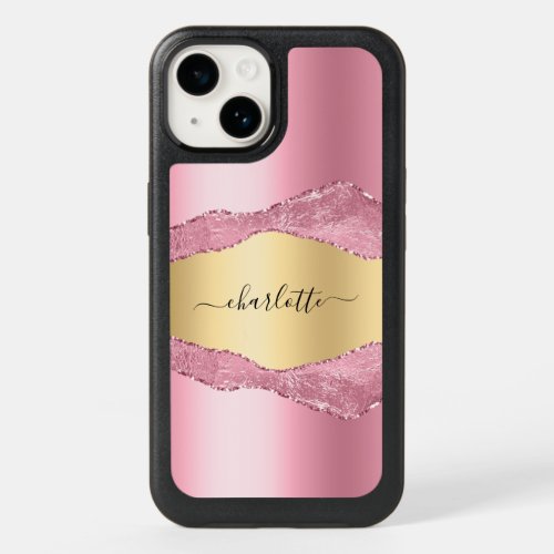 Blush pink gold agate marble name script OtterBox iPhone 14 case