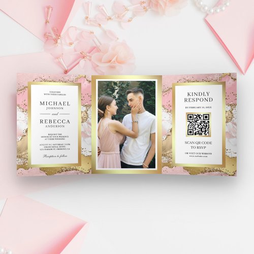 Blush Pink Gold Agate Marble QR Code Wedding Tri_Fold Invitation